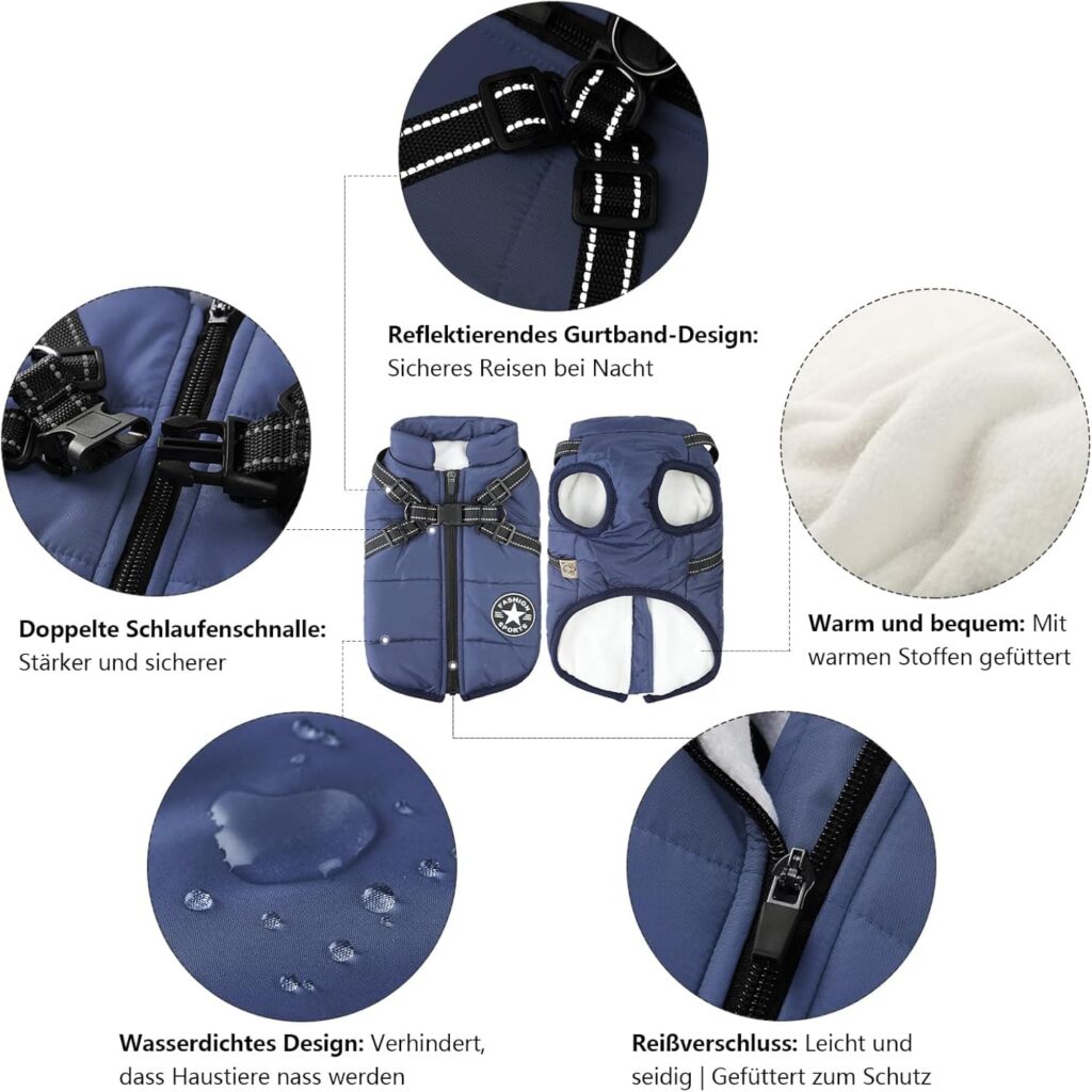 Chaqueta de Invierno para Perros a Prueba de Viento Impermeable 2 en 1 Abrigo para Clima frío Chaleco para Perros arnés Cachorro Chaqueta cálida de Invierno,Azul,XXL