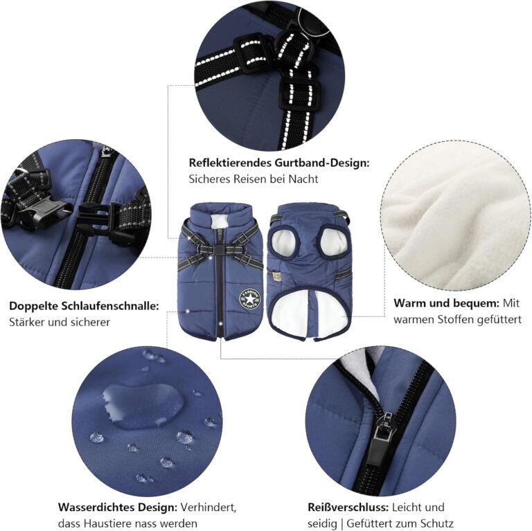 Chaqueta de Invierno para Perros a Prueba de Viento Impermeable 2 en 1 Abrigo para Clima frío Chaleco para Perros arnés Cachorro Chaqueta cálida de Invierno,Azul,XXL