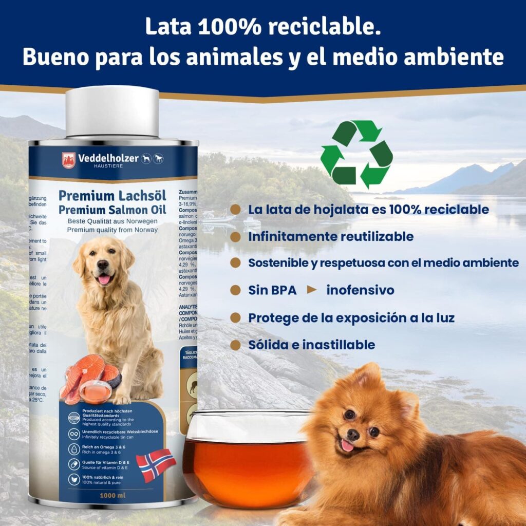 Veddelholzer Aceite de salmón para Perros 1 litro en Lata reciclable Cuidado Ideal del Pelaje Bueno para los Huesos y el Sistema inmunitario con ácidos grasos Omega3 y Vitamina E