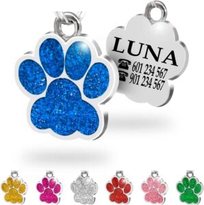 Ibera Gifts - Chapa Perro Grabada en Forma de Pata con Purpurina, Placa Perro Personalizada